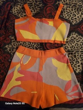 Two-Piece Knit Tank & Shorts Set in Orange, Yellow & Beige